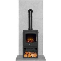 Acantha Fires & Fireplaces Acantha Tile & Hearth Set in Concrete Effect with Bergen XL Stove & Tall Angled Pipe in Grey