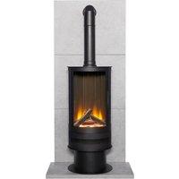 Acantha Fires & Fireplaces Acantha Tile & Hearth Set in Concrete Effect with Orbit Cylinder Stove & Tall Angled Pipe in Black
