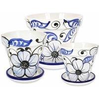 Verano Spanish Ceramics Blue Flowers Hand Painted Set of 3 Classic Pots & Drainage Plates (D) 16-29cm