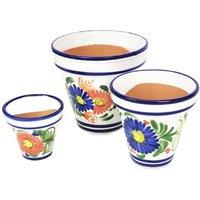 Verano Spanish Ceramics Floral Hand Painted Set of 3 Outdoor Garden Patio Classic Plant Pots (D) 16-29cm