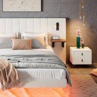 BTM Velvet Bed with Charging, Storage Headboard & Bedside Lamps in White | Size: King