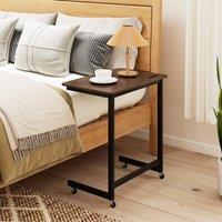 Costway C-shaped End Table w/Wheels Mobile Bedside Table w/Built-in Phone Slot in Brown