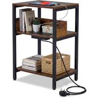 Costway Industrial Side Table w/Charging Station 3-Tier End Table Nightstand in Brown