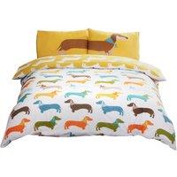 Rapport Home Sausage Dog Microfibre Reversible Duvet Cover Set with Pillowcase in Yellow | Size: Double