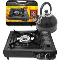 BARGAINS-GALORE Portable Gas Cooker Stove + 2.5l Whistle Kettle Outdoor Camping Cooker in Black