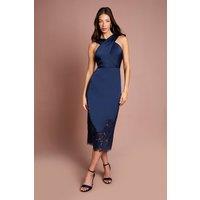 Coast Women's Lace Hem Cross Front Halter Satin Dress in Navy | Size: 16