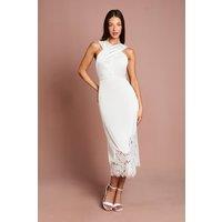 Coast Women's Lace Hem Cross Front Halter Satin Dress in Ivory | Size: 14