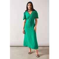 Wallis Women's Petite Viscose Pleat Puff Sleeve Midaxi Dress in Green | Size: 12