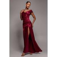 Goddiva Women's Satin Off-Shoulder Pleated Maxi Dress in Dark Red | Size: 12
