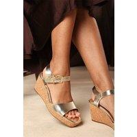 Where's That From Women's 'Alvira' Wide Fit Cork Platform Wedge Sandals in Gold | Size: 7E