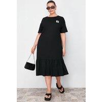 WOVCOR Women's Round Neck Short Sleeve Smock Midi Dress with Ruffle Hem in Black | Size: 5XL