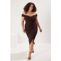 WOVCOR Women's Bardot Draped Bodycon Midi Dress with Front Split in Brown | Size: 18