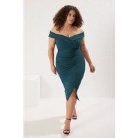 WOVCOR Women's Bardot Draped Bodycon Midi Dress with Front Split in Emerald | Size: 14