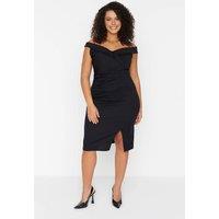 WOVCOR Women's Bardot Draped Bodycon Midi Dress with Front Split in Black | Size: 14