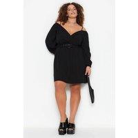 WOVCOR Women's Cold Shoulder Belted Mini Dress with Long Sleeves in Black | Size: 14