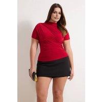 WOVCOR Women's High Neck Draped Detail Short Sleeve Fitted Top in Red | Size: XL
