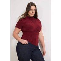 WOVCOR Women's High Neck Draped Detail Short Sleeve Fitted Top in Burgundy | Size: 2XL