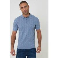 Threadbare Men's Cable Stripe Knitted Button Polo in Blue | Size: Large