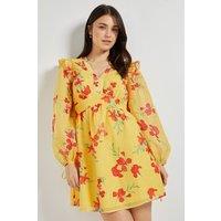 Dorothy Perkins Women's Yellow Floral Printed Frill Detail Blouson Sleeve Mini Dress | Size: 8