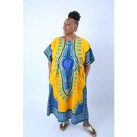 JTAPHRIQUE Women's Dashiki Kaftan Zip Front Maxi Dress in Yellow