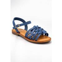 Leather Collection Women's Leather Woven Strap Flat Sandals with Adjustable Ankle Strap in Blue | Size: 6