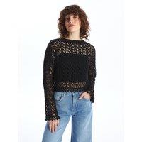 Dexia Women's Open-Knit Cotton-Linen Long Sleeve Blouse in Black | Size: Large