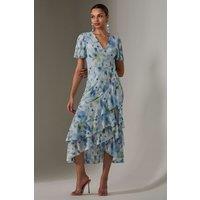 Jolie Moi Women's Mesh Print Frill Hem Midaxi Dress in Light Blue | Size: 14