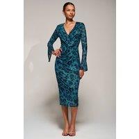 Jolie Moi Women's Ruffle V-Neckline Mesh Bodycon Midaxi Dress in Green | Size: 10