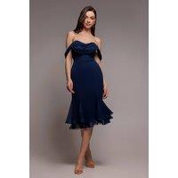 Goddiva Women's Chiffon Cowl Off-Shoulder Wing Tiered Midi Dress in Navy | Size: 12