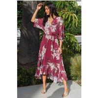 Urban Touch Women's Kimono Wrap Floral Dress in Burgundy | Size: 10