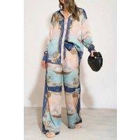 CY Women's Ocean Treasure Print Relaxed Shirt & Wide-Leg Trousers Co-Ord Set in Blue | Size: Large/XL