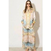 CY Women's Ocean Treasure Print Relaxed Shirt & Wide-Leg Trousers Co-Ord Set in Yellow | Size: Medium/Large
