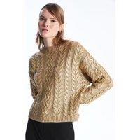Dexia Women's Crew Neck Metallic Print Cable Knit Gold Jumper - Textured Design | Size: Medium