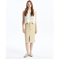 Dexia Women's Cotton Denim High Waist Midi Skirt with Slit in Beige | Size: 26