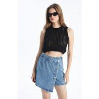 Dexia Women's Sleeveless Cropped Knitted Top with Openwork Design Black | Size: Small