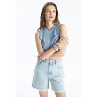Dexia Women's Sleeveless Cropped Knitted Top with Openwork Design Blue | Size: XS