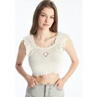 Dexia Women's Strappy Cropped Knitted Top with Openwork Detail Ecru | Size: S/M