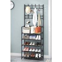H&O Direct Entryway 5 Tier Shoe Rack with Coat Hanger in Black