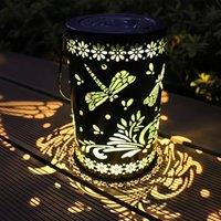 Bright Zeal Set of 2 Black 30cm Metal Solar Hanging Lanterns with Dragonfly Cutout