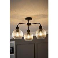 ValueLights Maddison Clear Ribbed Glass Globe Shades 3 Arm Ceiling Light in Black