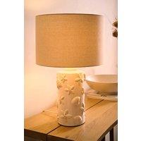 ValueLights Selene Linen Shade Ceramic Embossed Seashell Table Lamp with Bulb in Cream