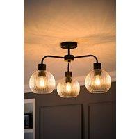 ValueLights Maddison Clear Ribbed Glass Globe 3 Arm Ceiling Light & Filament Bulbs in Black