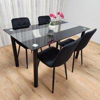 KOSY KOALA Black Clear Glass Dining Table With 4 Black Tufted Velvet Chairs Kitchen Dining Set | Size: 120 cm x 70 cm