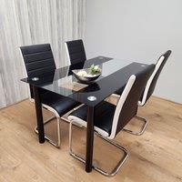 KOSY KOALA Dining Table Set of 4 Black Clear Table & Faux Leather Padded Chrome Black White Kitchen Chairs Dining Sets | Size: 120 cm x 70 cm