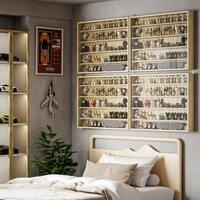HOMCOM 5-Tier Wall Display Shelf Unit Cabinet w/ Shelves Glass Doors in Light Brown | Size: Small
