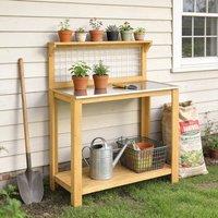 OUTSUNNY Wooden Potting Bench Table with Aluminium Worktop in Natural