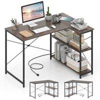 Costway L-shaped Computer Desk w/Power Outlet Workstation w/Reversible Shelves in Grey