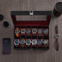 SONGMICS Watch Box with 12 Slots Glass Lid & Metal Clasp in Red