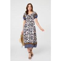 Izabel London Women's Floral Border Puff Sleeve Midi Dress in Navy | Size: 10