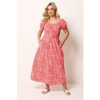Yours Women's Paisley Poplin Bardot Dress in Red | Size: 30-32